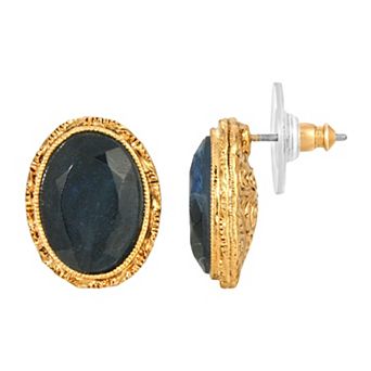 1928 Gold Tone & Blue Oval Stud Earrings