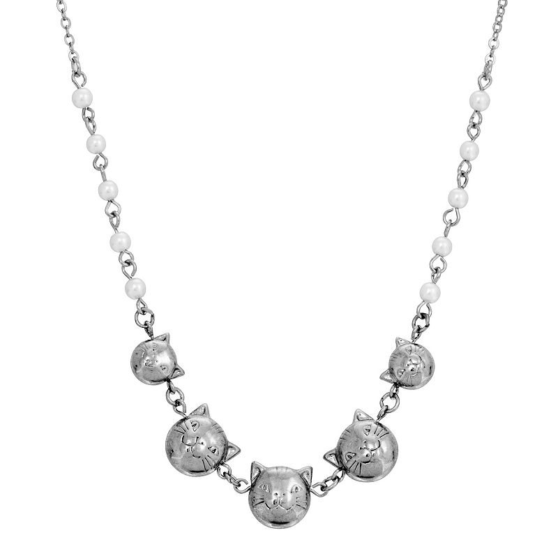 1928 Silver Tone Multi Cat & Faux Pearl Chain Necklace, Womens, White