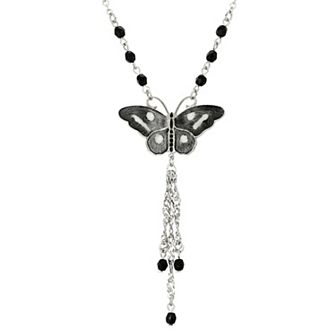 1928 Silver Tone Black & White Butterfly Tassel Necklace