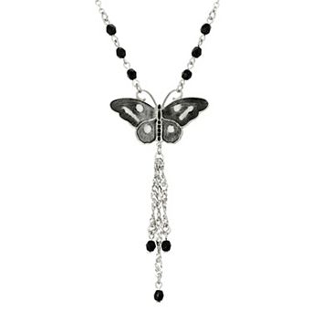 1928 Silver Tone Black & White Butterfly Tassel Necklace
