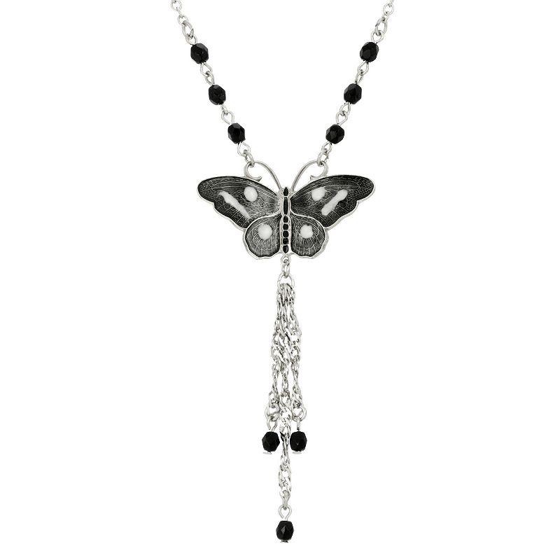 1928 Silver Tone Black & White Butterfly Tassel Necklace, Womens