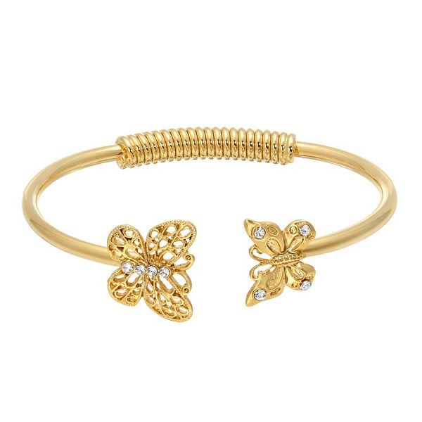 1928 Gold Tone & Simulated Crystal Butterfly Cuff Bracelet