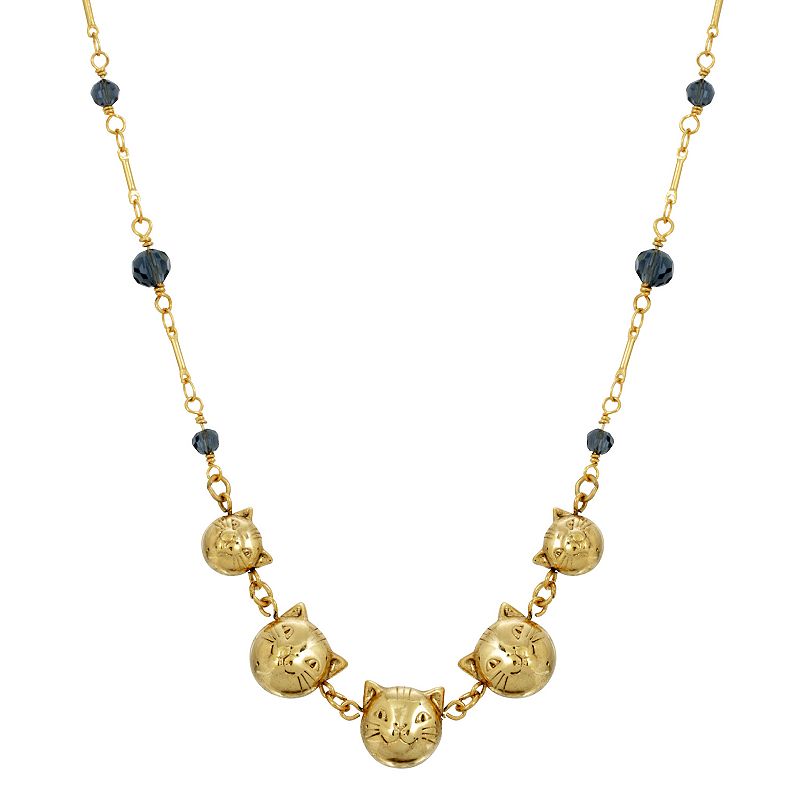 1928 Gold Tone Cat Faces & Blue Bead Station Necklace, Womens