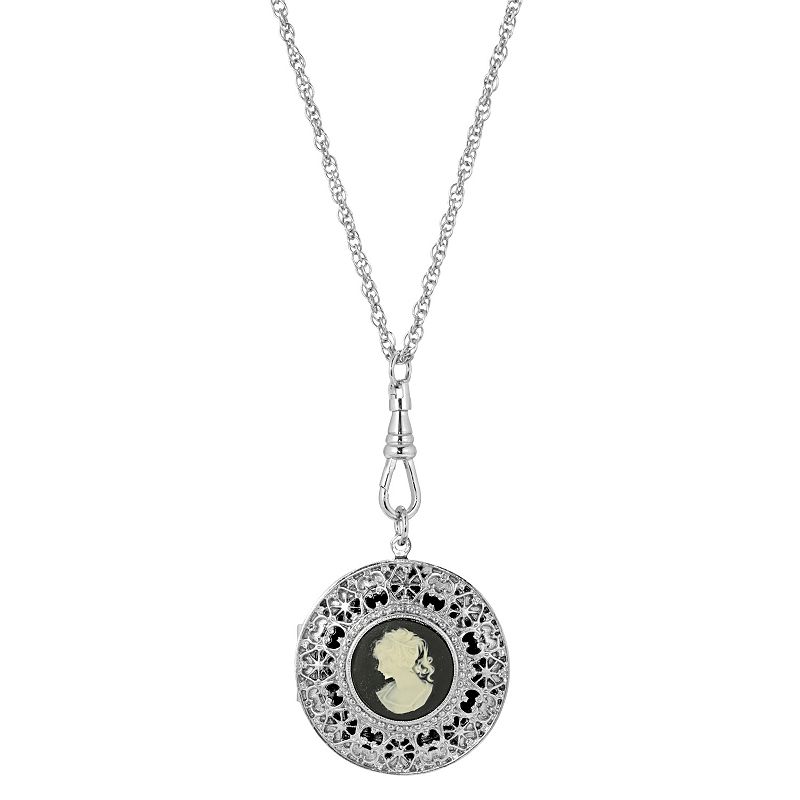 1928 Carnelian Cameo Round Filigree Locket Necklace, Womens, Black