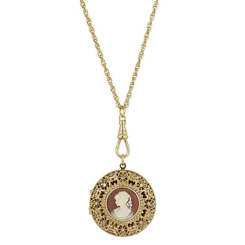 1928 Carnelian Cameo Round Filigree Locket Necklace, Womens, Orange