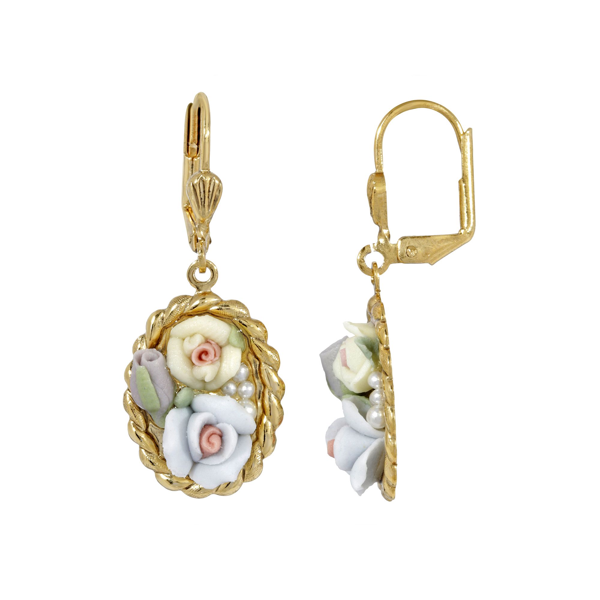 1928 Gold Tone & Porcelain Flowers Oval Drop Earrings, Womens, Blue