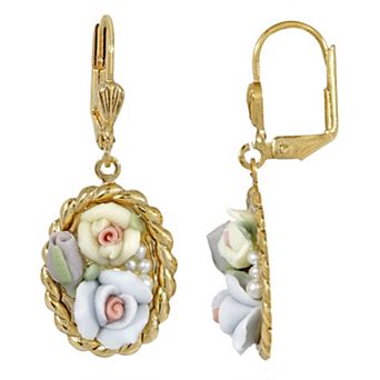 1928 Gold Tone & Porcelain Flowers Oval Drop Earrings