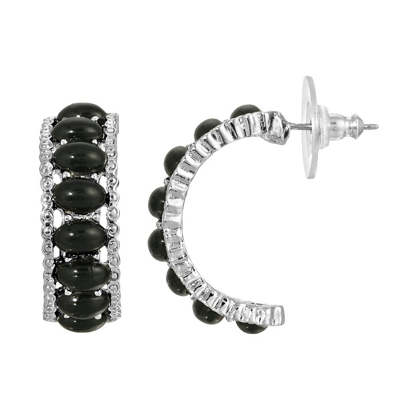 1928 Silver Tone & Black Stone Half-Hoop Earrings, Womens