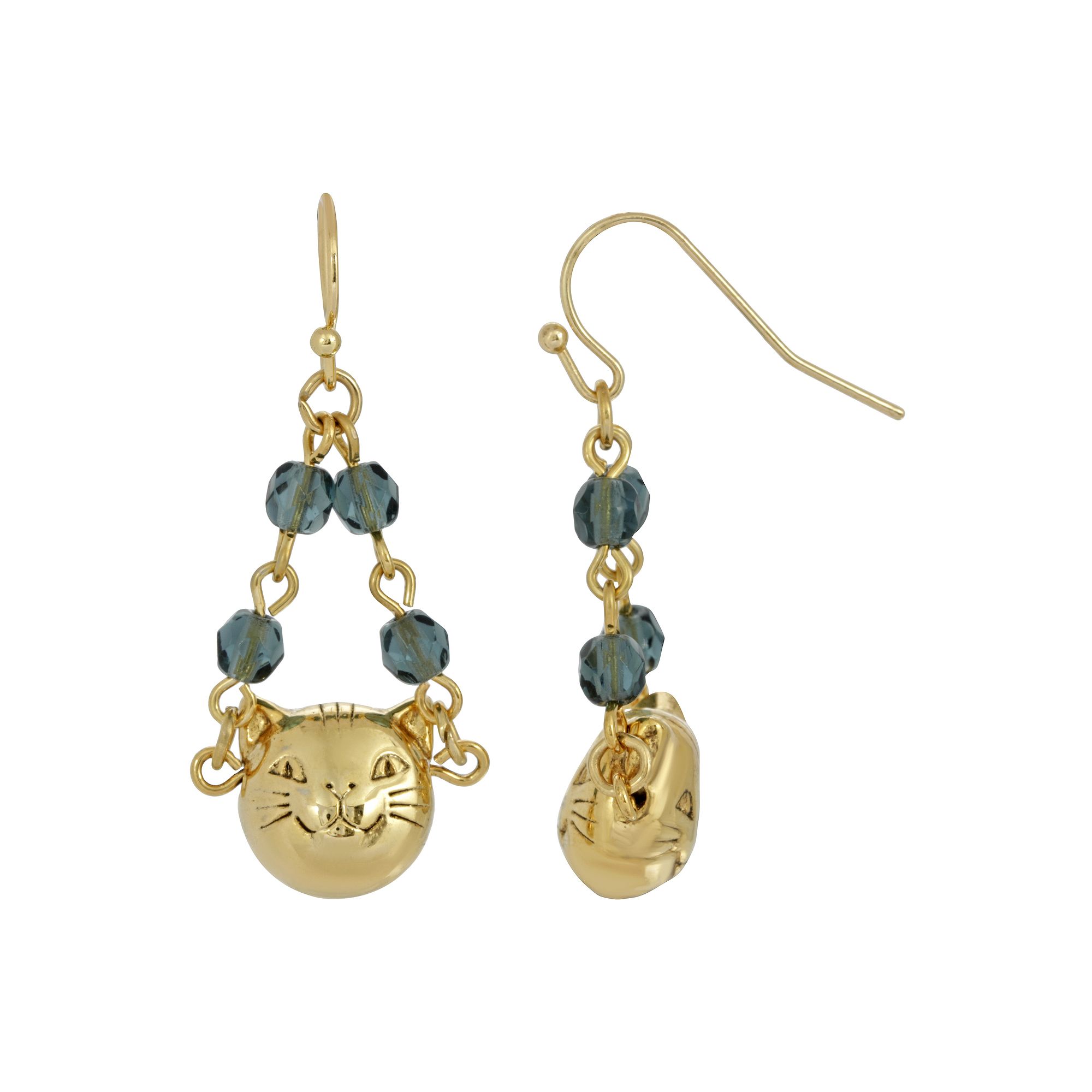 1928 Gold Tone Cat Face & Blue Beaded Chain Drop Earrings, Womens