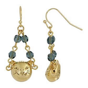 1928 Gold Tone Cat Face & Blue Beaded Chain Drop Earrings