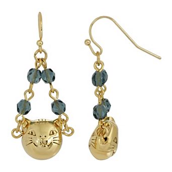 1928 Gold Tone Cat Face & Blue Beaded Chain Drop Earrings