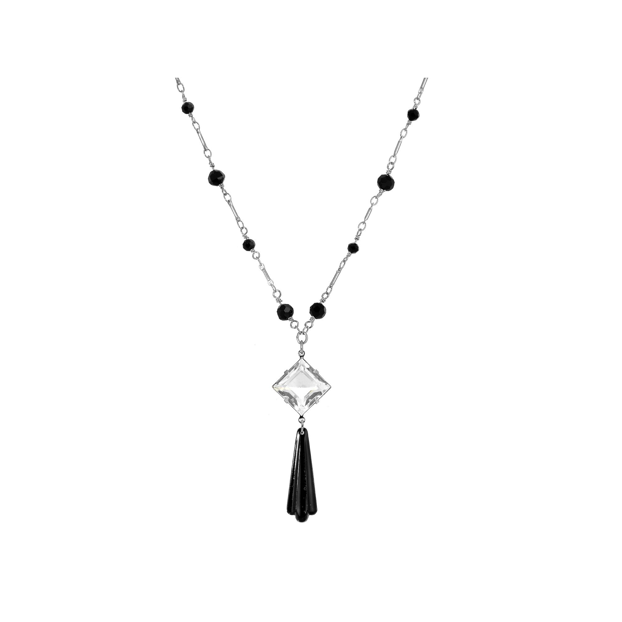 1928 Silver Tone Black Beaded Pendant Necklace, Womens