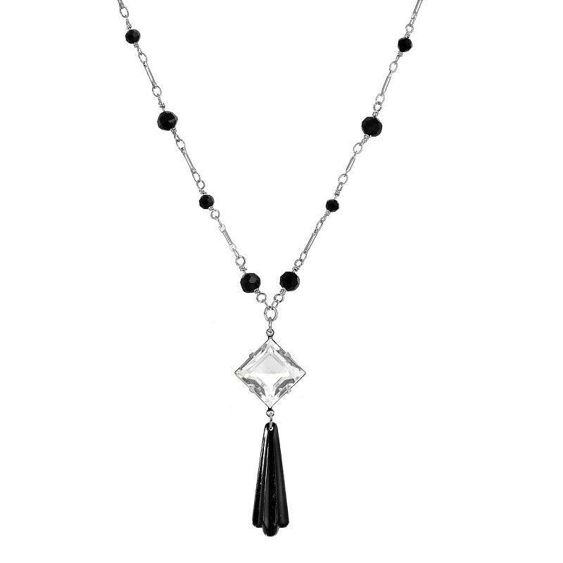 1928 Silver Tone Black Beaded Pendant Necklace, Womens