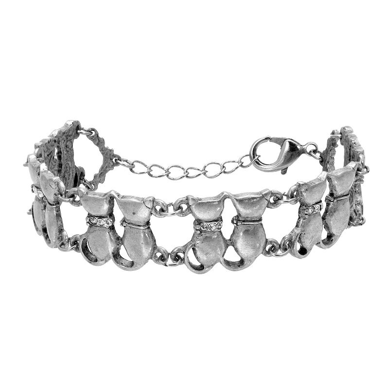 1928 Silver Tone Cat Chain Bracelet with Simulated Crystal Accents, Womens