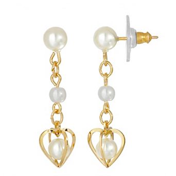 1928 Gold Tone Heart & Double Pearl Chain Drop Earrings