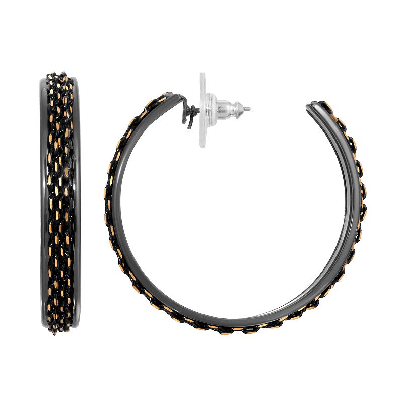 1928 Black Tone & Gold Tone Textured Hoop Earrings, Womens