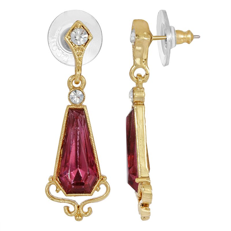 1928 Gold Tone Filigree & Pink Tapered Baguette Drop Earring, Womens