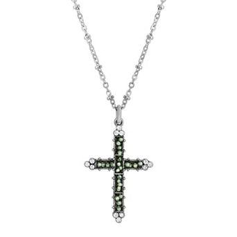 1928 Pewter Cross Seed Beaded Necklace