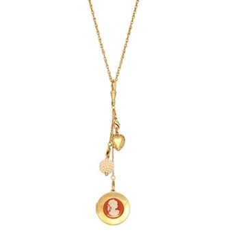 1928 Gold Tone Carnelian Cameo Locket & Charm Necklace