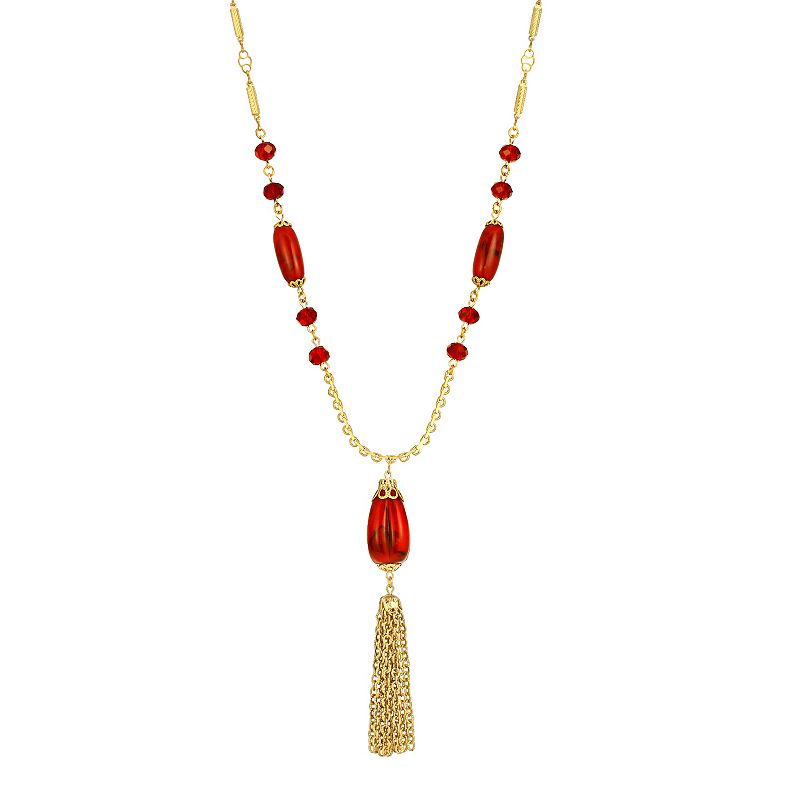 1928 Gold Tone Red Beaded Tassel Necklace, Womens