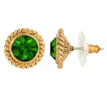 1928 Gold Tone & Green Round Button Stud Earrings