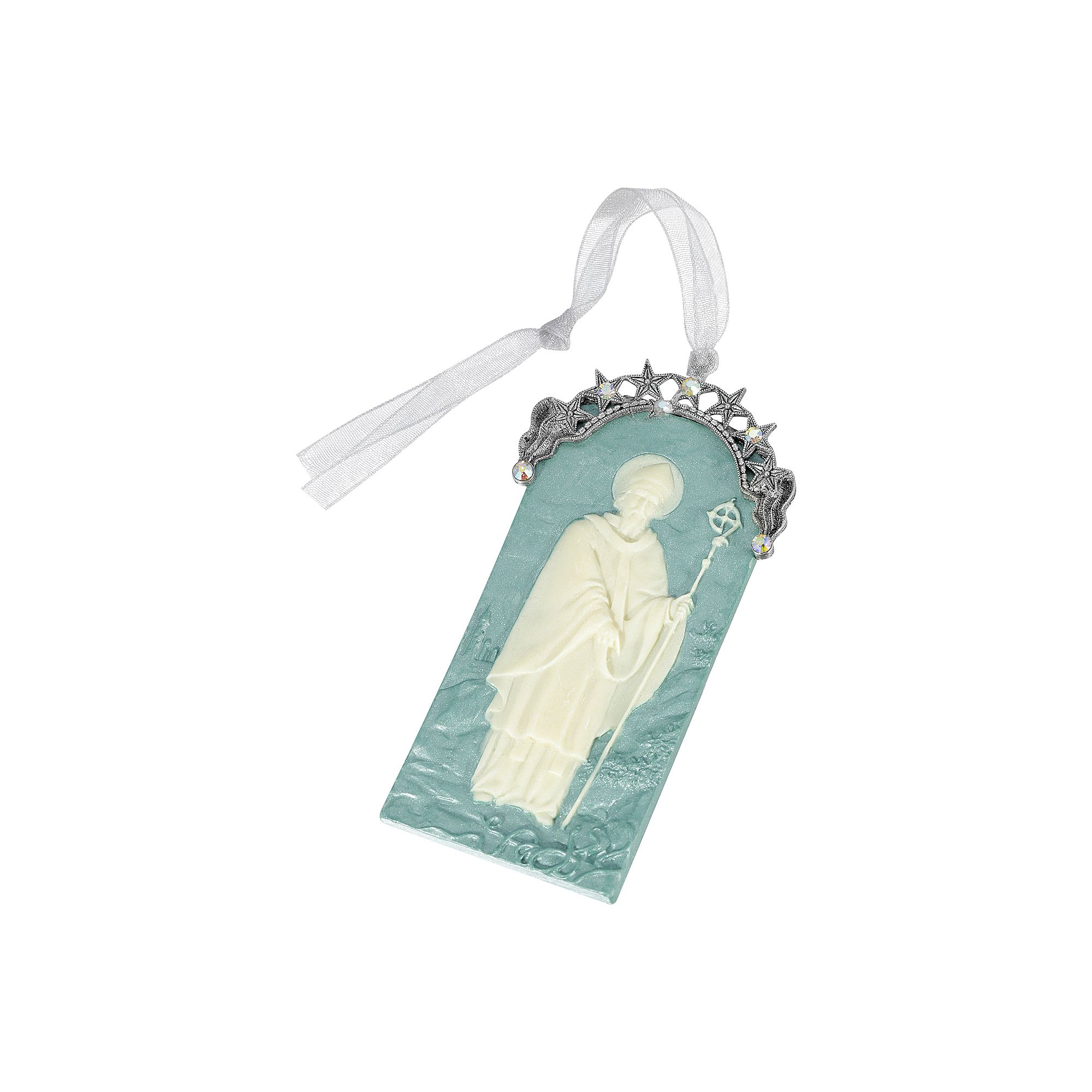 1928 Silver Tone and Simulated Crystal Saint Cameo Ornament, Blue