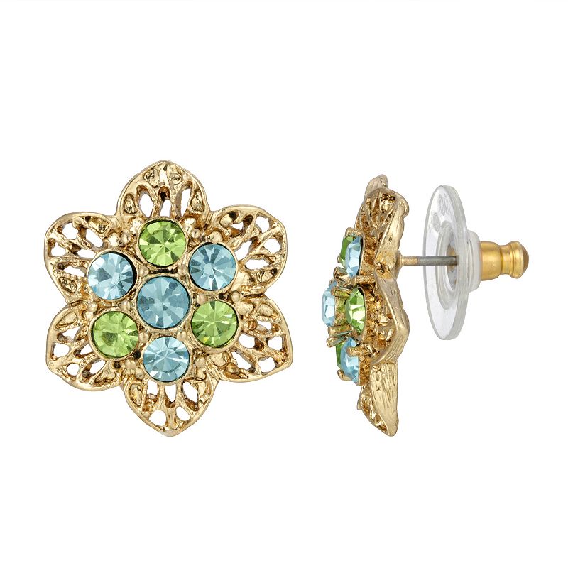 1928 Gold Tone Filigree with Aqua & Green Simulated Crystals Flower Stud Ea