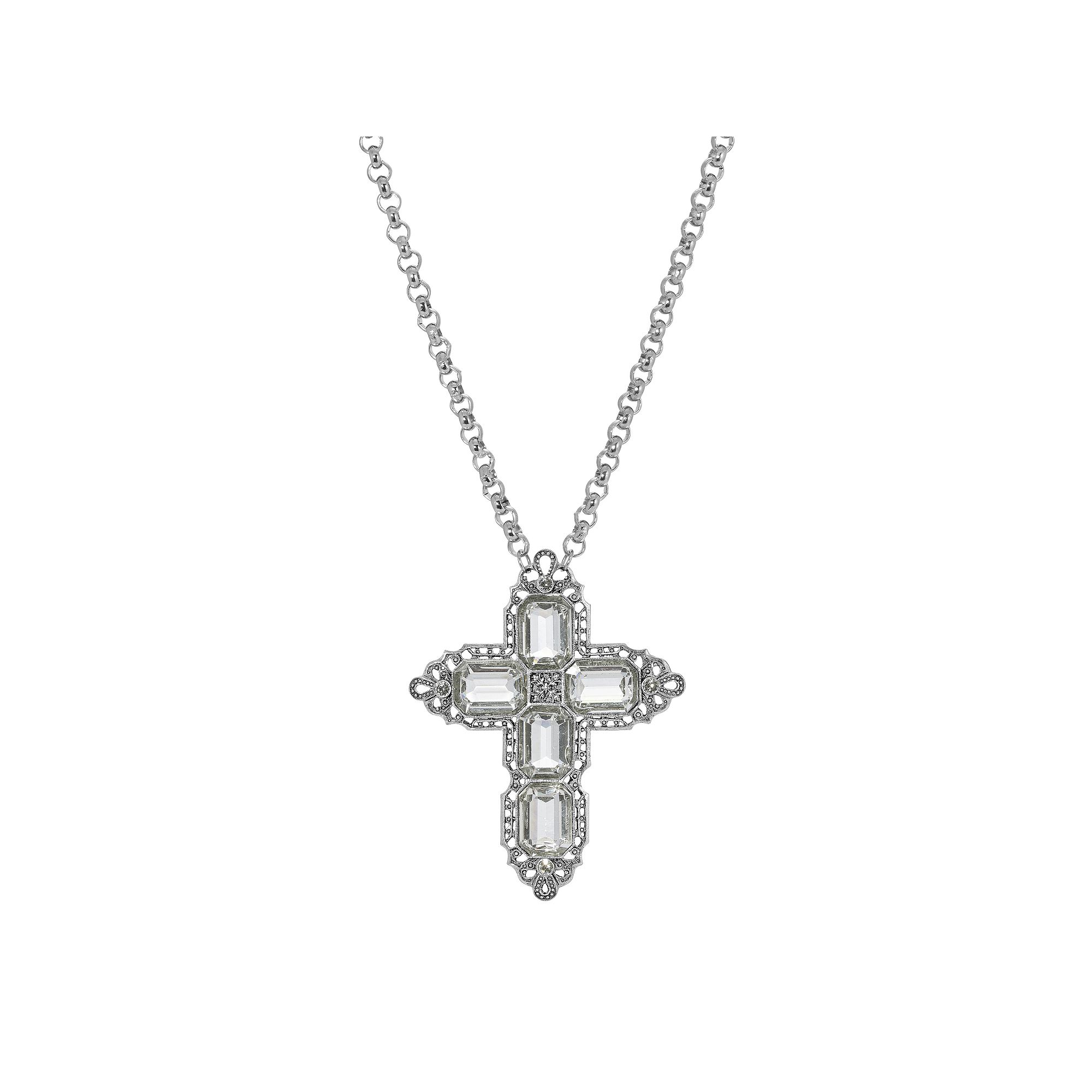 1928 Silver Tone Rectangle Simulated Crystal Cross Chain Necklace, Womens,