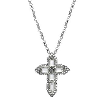 1928 Silver Tone Rectangle Simulated Crystal Cross Chain Necklace