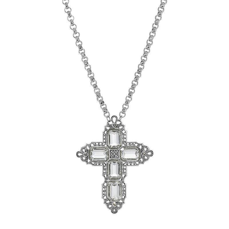 1928 Silver Tone Rectangle Simulated Crystal Cross Chain Necklace, Womens,