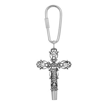 1928 Pewter & Simulated Crystal Cross Whistle Key Fob