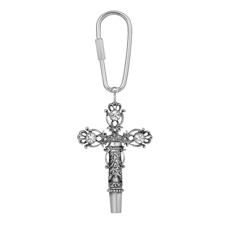 1928 Pewter & Simulated Crystal Cross Whistle Key Fob, Silver
