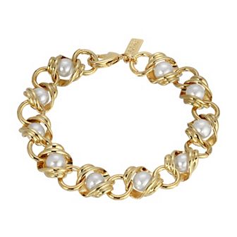 1928 Gold Tone Chain Link Bracelet with Simulated Pearl