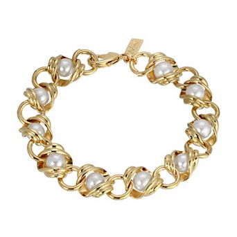 1928 Gold Tone Chain Link Bracelet with Simulated Pearl