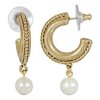 1928 Gold Tone & Simulated Pearl Drop Hoop Earrings