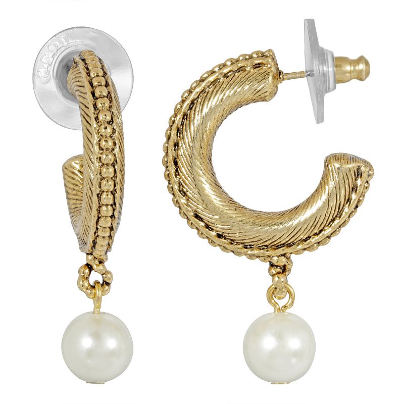 1928 Gold Tone & Simulated Pearl Drop Hoop Earrings, Womens, White