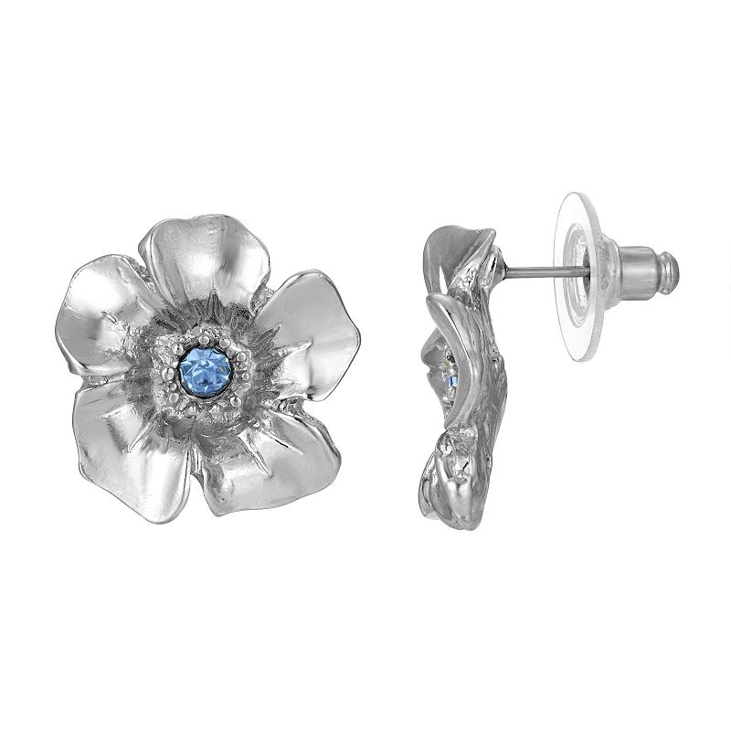 1928 Silver Tone & Blue Simulated Crystal Flower Stud Earrings, Womens