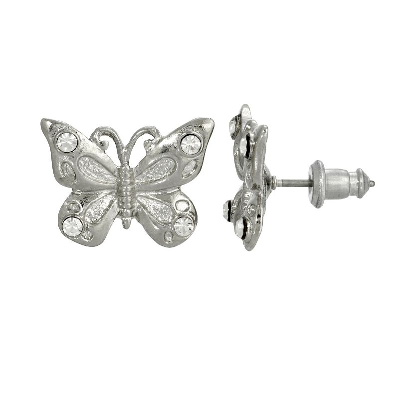 1928 Silver Tone & Simulated Crystal Accented Butterfly Stud Earrings, Wome