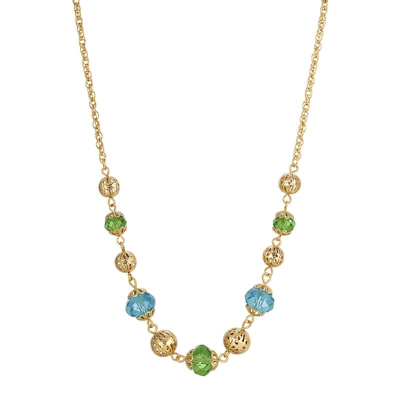 1928 Gold Tone Aqua & Green Filigree Beaded Necklace, Womens
