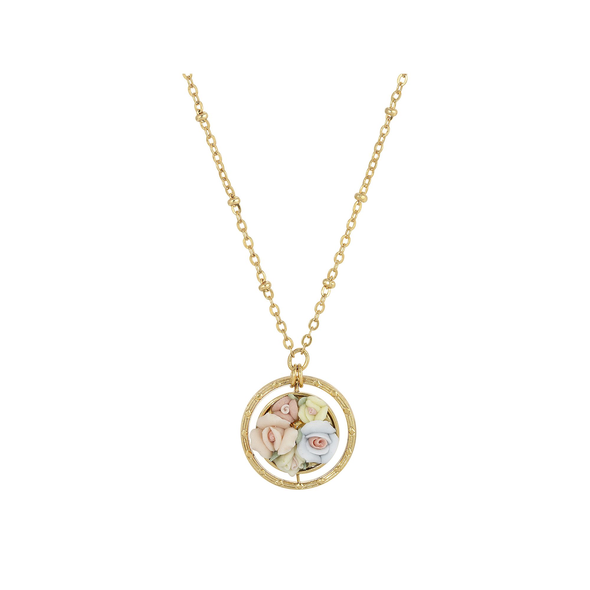 1928 Gold Tone Porcelain Flower Orbital Drop Necklace, Womens, Multi