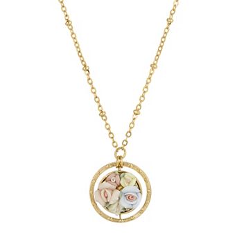 1928 Gold Tone Porcelain Flower Orbital Drop Necklace