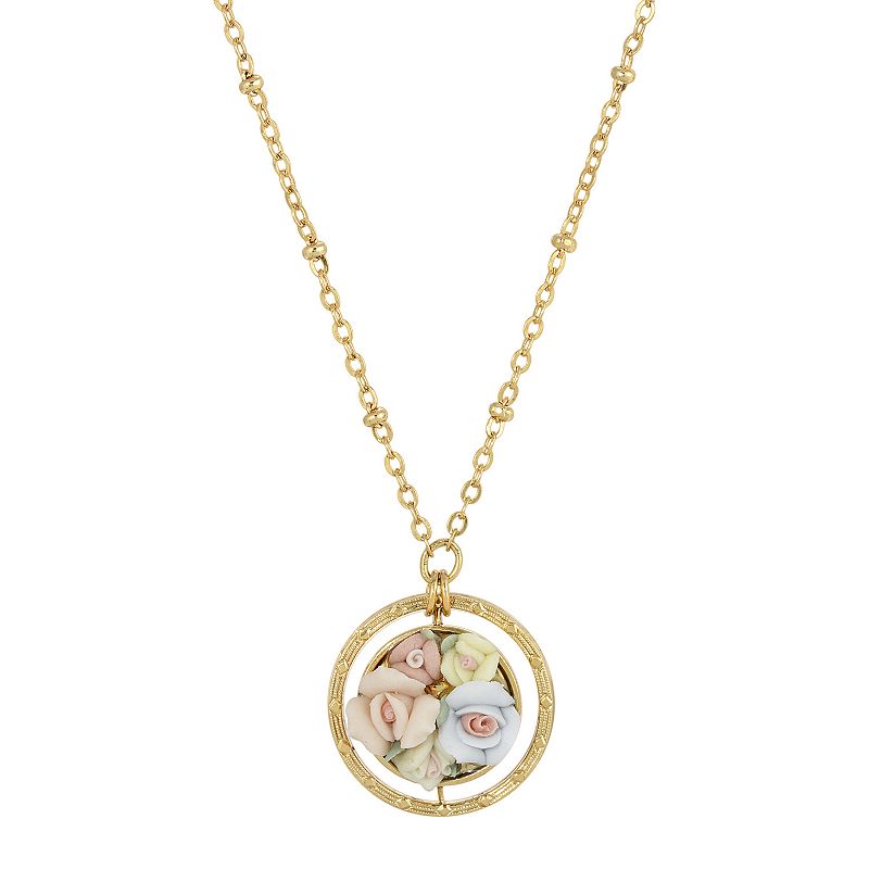 1928 Gold Tone Porcelain Flower Orbital Drop Necklace, Womens, Multicolor