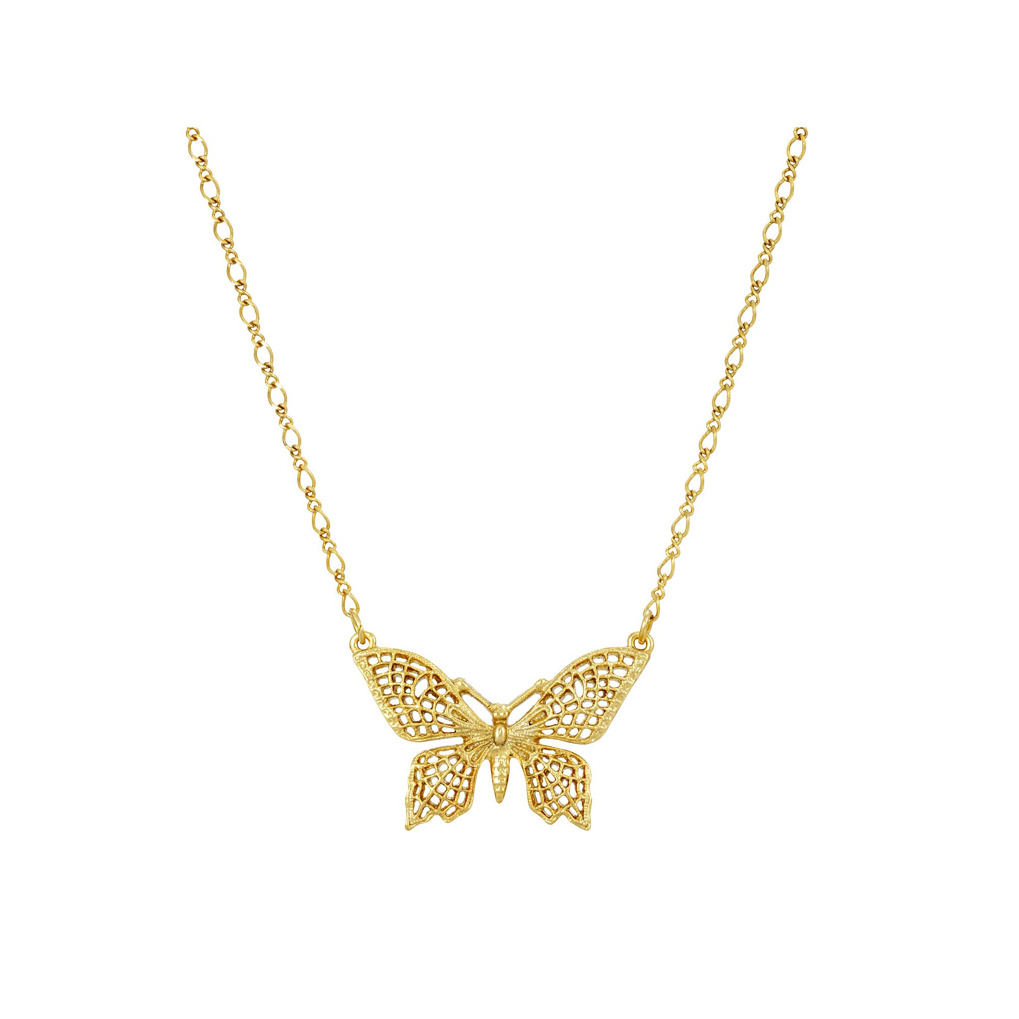 1928 Gold Tone Lacy Butterfly Pendant Necklace, Womens