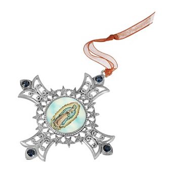 1928 Silver Tone Cross Ornament with Our Lady of Guadalupe Decal