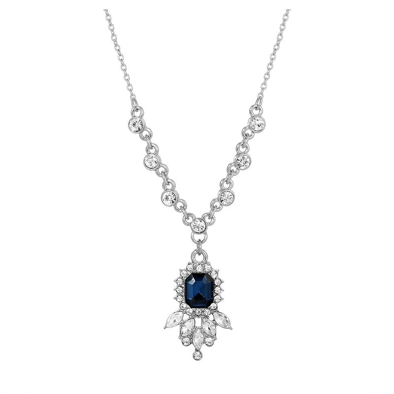 1928 Silver Tone Cluster Simulated Crystal Pendant Necklace, Womens, Blue