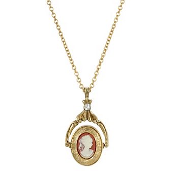 1928 Gold Tone Carnelian Cameo Locket Spinner Necklace