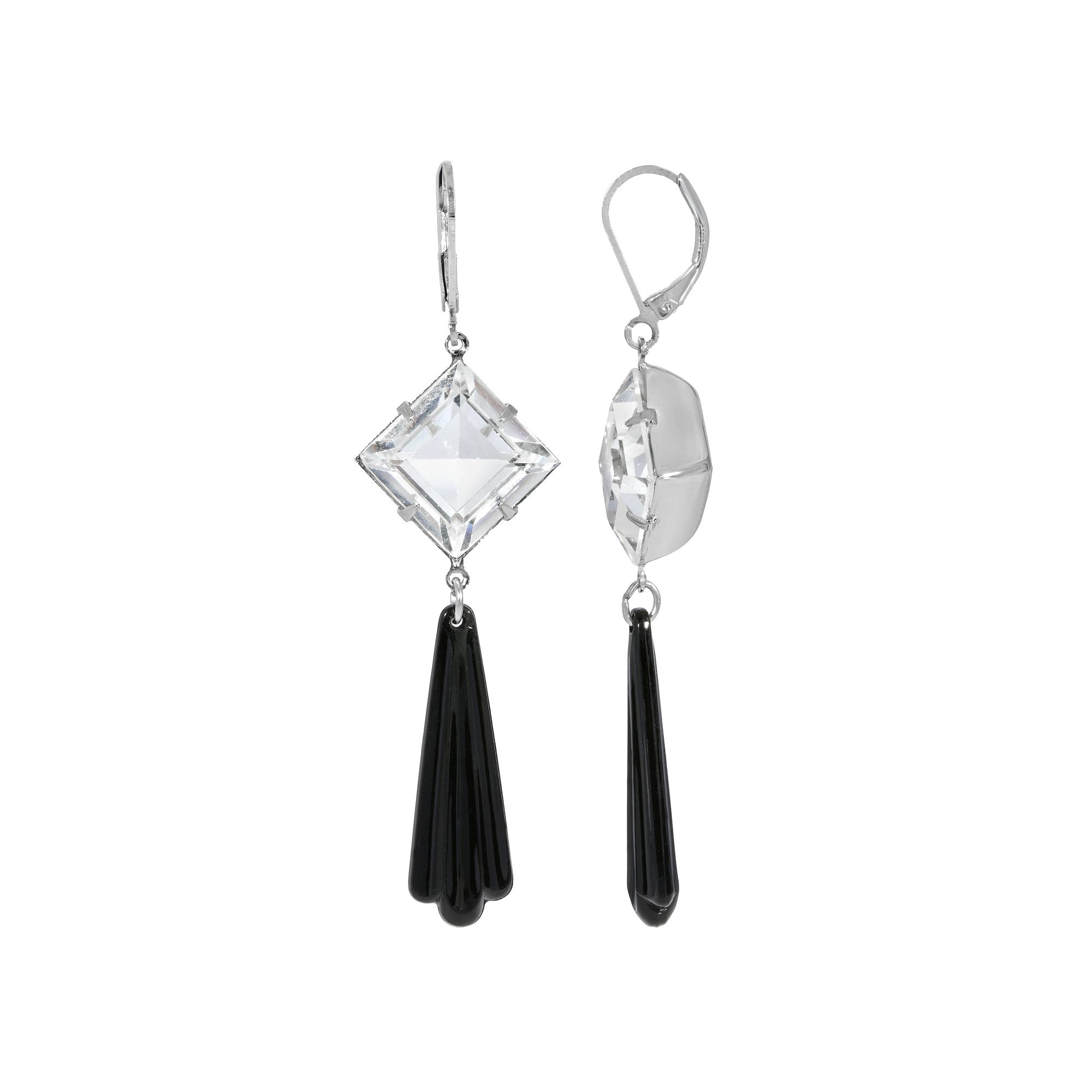 1928 Silver Tone Crystal & Black Beaded Stone Drop Earrings, Womens