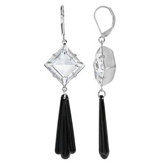 1928 Silver Tone Crystal & Black Beaded Stone Drop Earrings