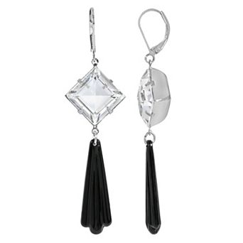 1928 Silver Tone Crystal & Black Beaded Stone Drop Earrings