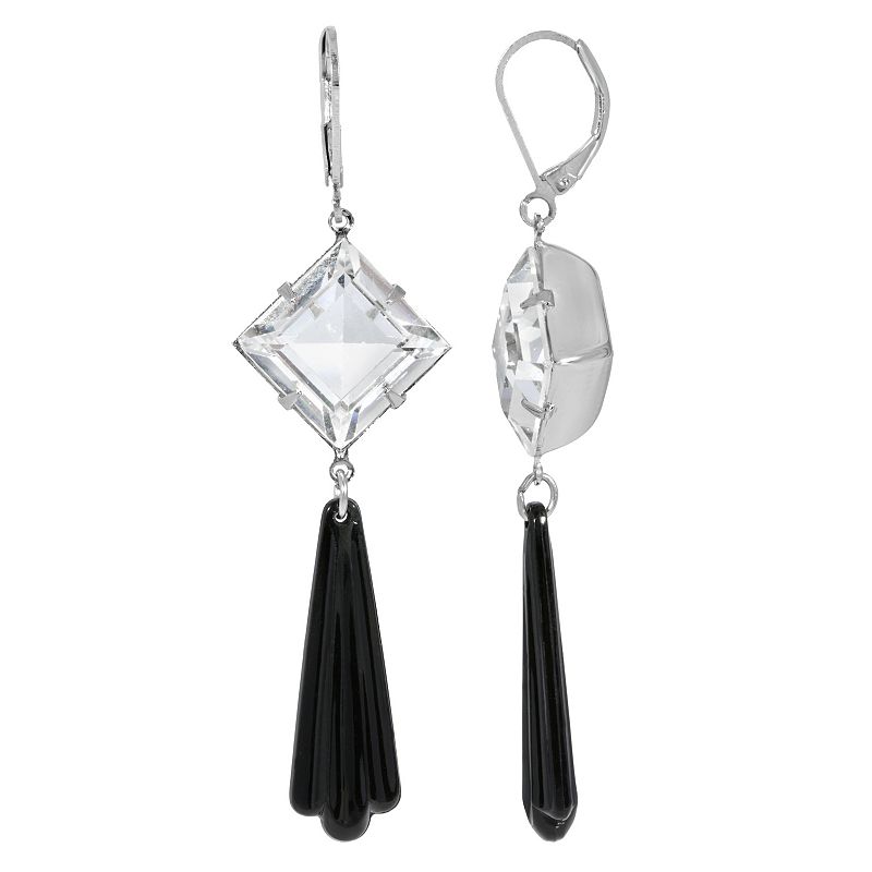1928 Silver Tone Crystal & Black Beaded Stone Drop Earrings, Womens